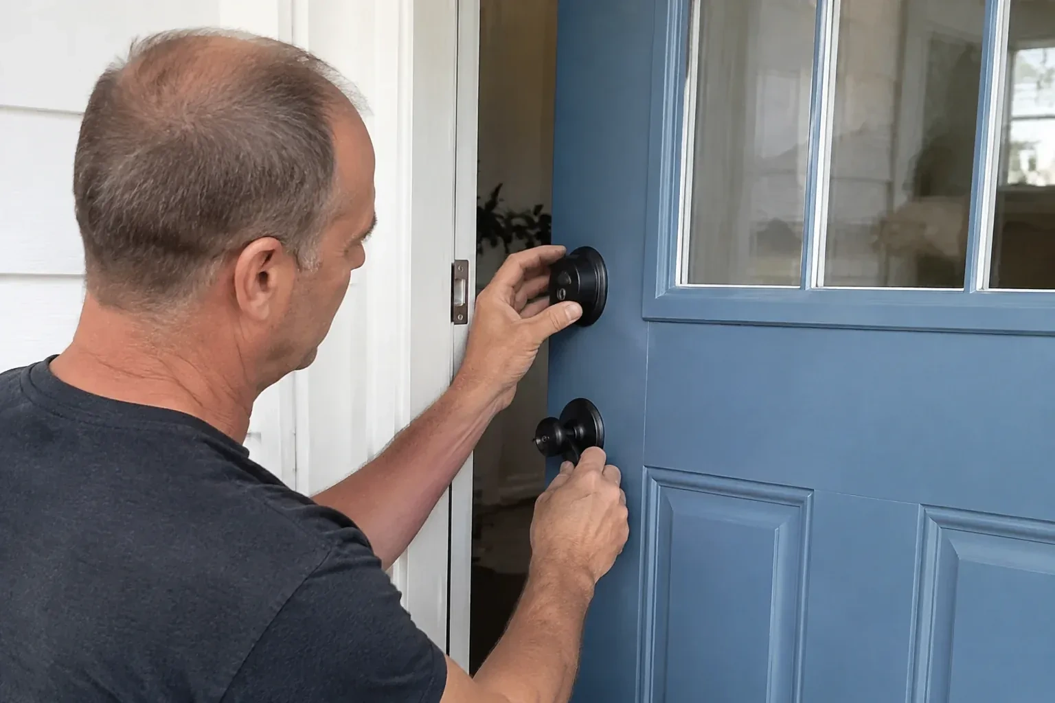 Person holding the black deadbolt and doorknob of a partly open blue front door. — Deadbolt Installation, Mississauga