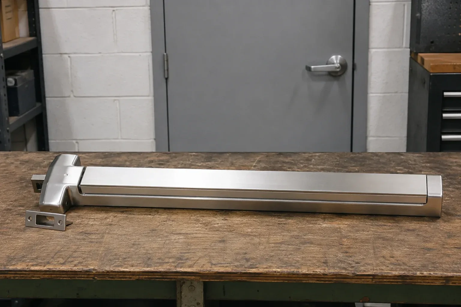 Detached horizontal exit device and separate strike component on a workshop bench. — Panic & Exit Hardware, Mississauga