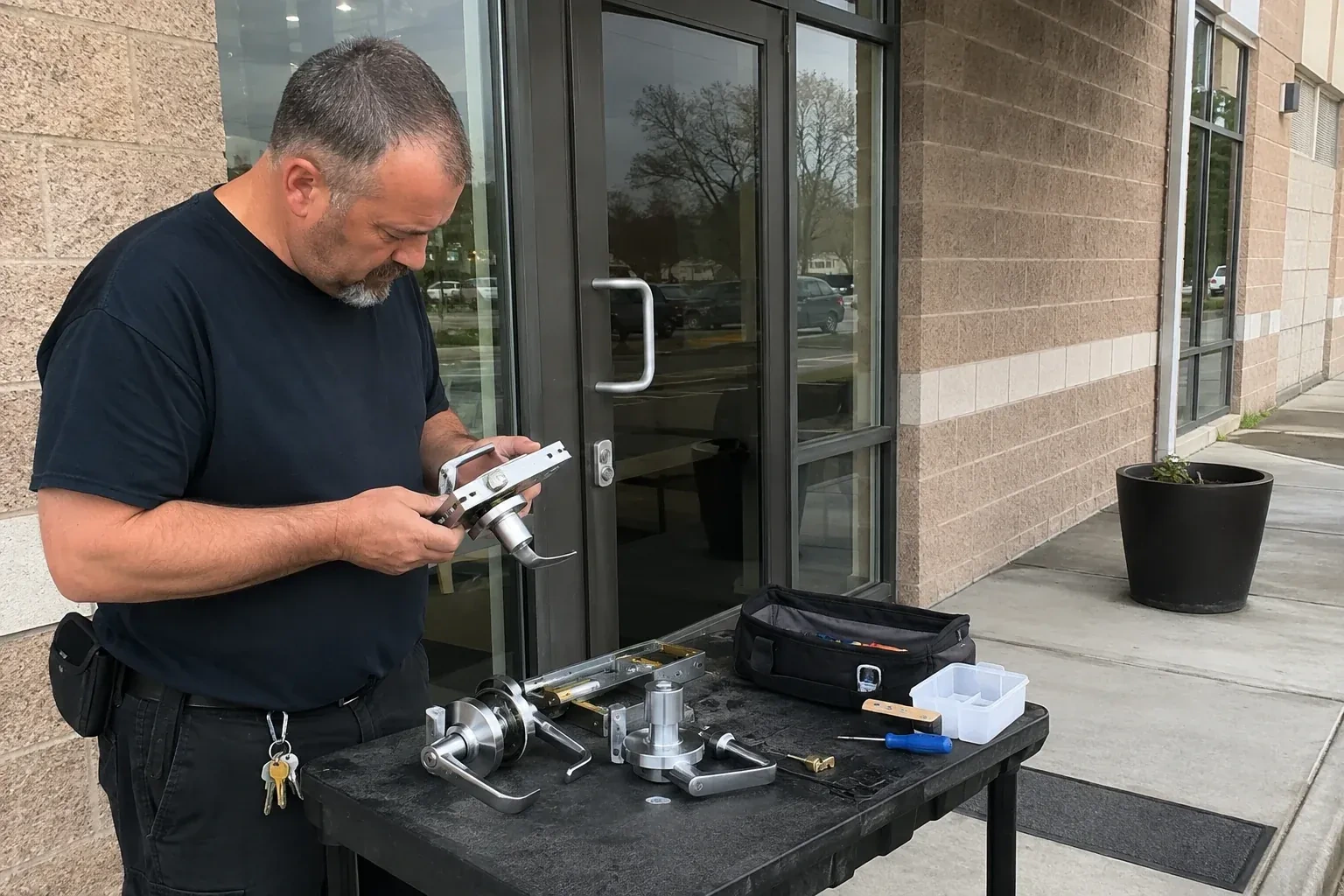Person holding a door-handle and latch assembly at a worktable outside a glass entrance, with additional handles and tools laid out. — Commercial Rekeying, Mississauga